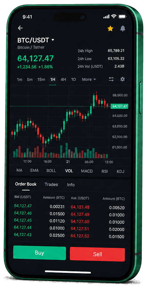 Marble Rendaven mobile application — live BTC/USDT charts, order book, and trading functionalities